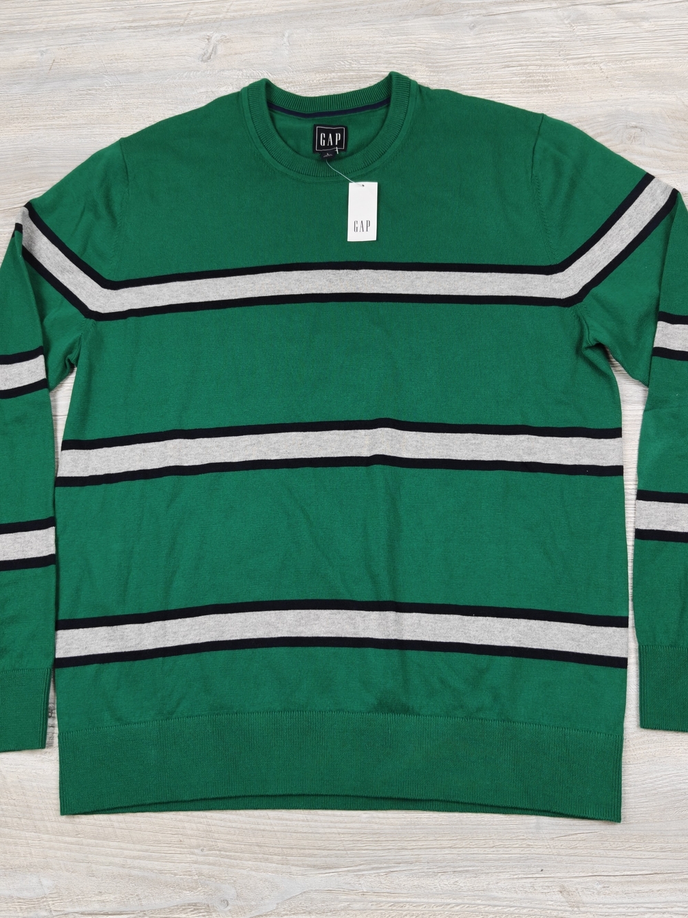 GAP Mens L Cotton Green Grey Navy Striped Crew Neck Knit Sweater NWT New